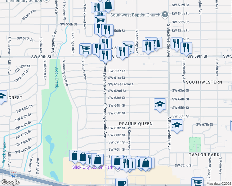 map of restaurants, bars, coffee shops, grocery stores, and more near 1604 Southwest 63rd Street in Oklahoma City