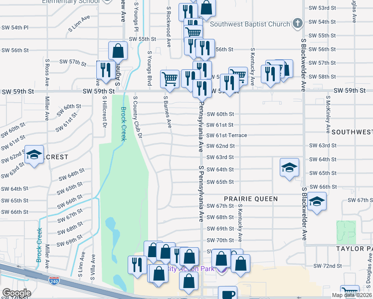 map of restaurants, bars, coffee shops, grocery stores, and more near 2124 Southwest 63rd Street in Oklahoma City
