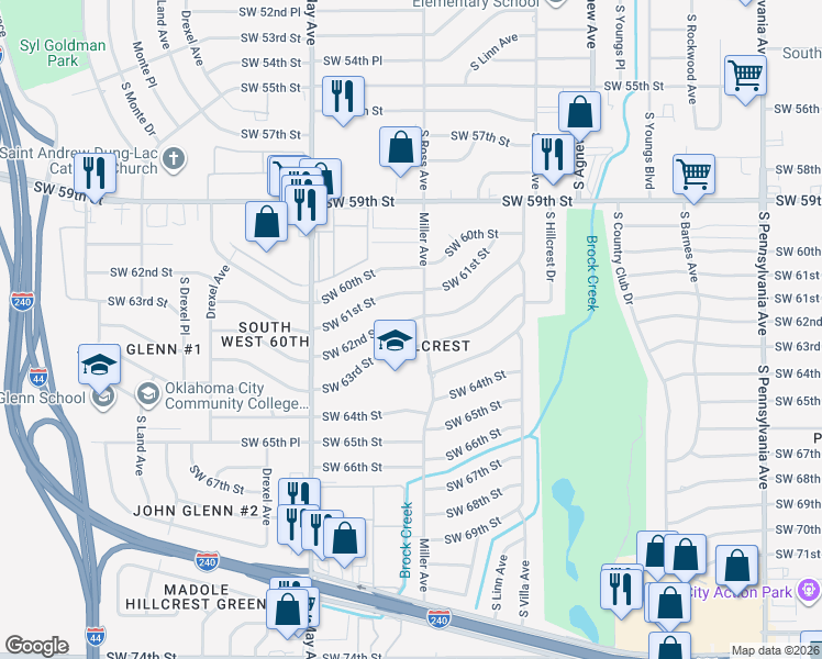 map of restaurants, bars, coffee shops, grocery stores, and more near 2705 Southwest 63rd Street in Oklahoma City