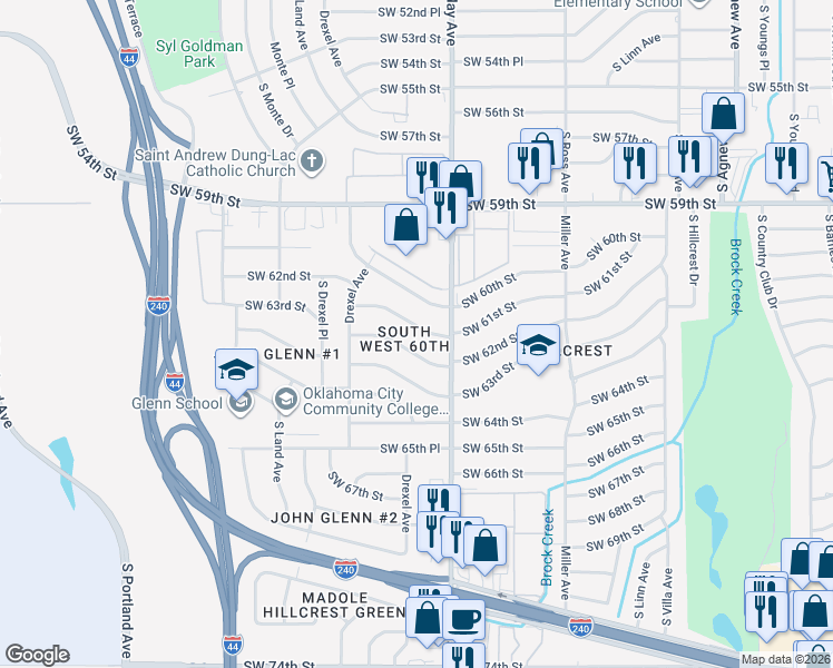 map of restaurants, bars, coffee shops, grocery stores, and more near 3000 Southwest 62nd Street in Oklahoma City