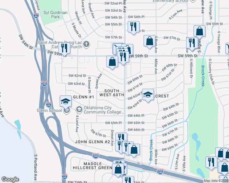 map of restaurants, bars, coffee shops, grocery stores, and more near 3000 Southwest 62nd Street in Oklahoma City