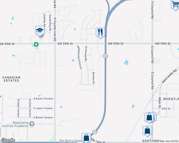 map of restaurants, bars, coffee shops, grocery stores, and more near 6512 Bentwood Drive in Oklahoma City