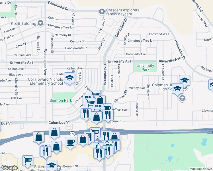 map of restaurants, bars, coffee shops, grocery stores, and more near 3815 Columbus Street in Bakersfield