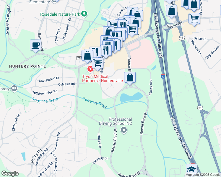 map of restaurants, bars, coffee shops, grocery stores, and more near 12821 Little Penny Drive in Huntersville