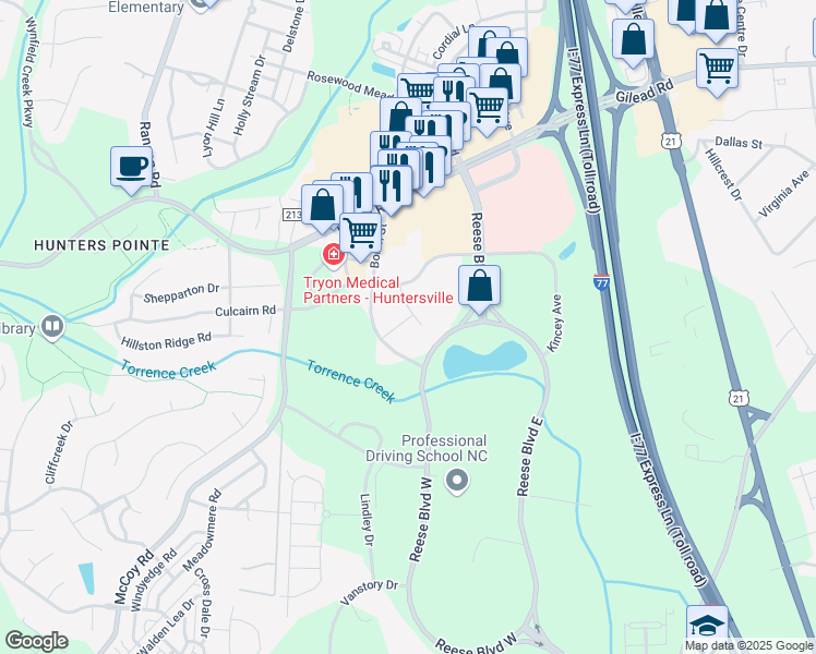 map of restaurants, bars, coffee shops, grocery stores, and more near 12821 Little Penny Drive in Huntersville