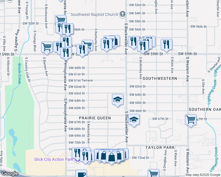 map of restaurants, bars, coffee shops, grocery stores, and more near 1400 Southwest 63rd Street in Oklahoma City