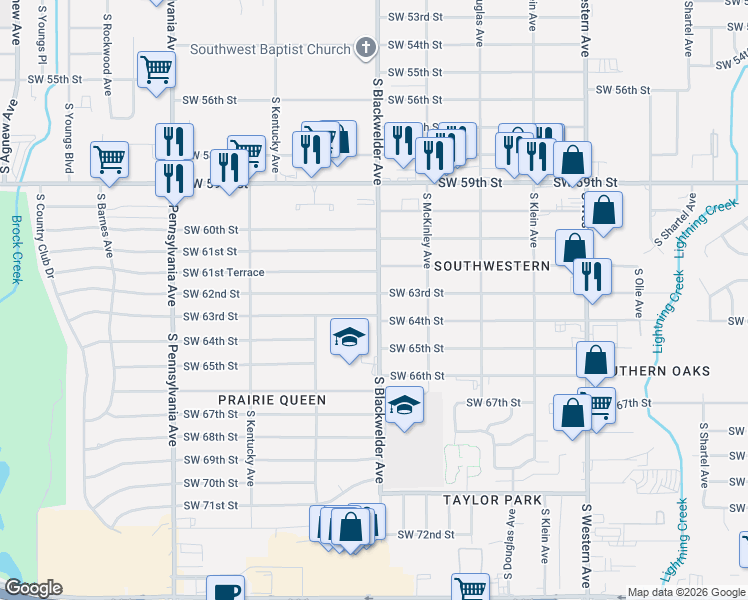 map of restaurants, bars, coffee shops, grocery stores, and more near 1239 Southwest 64th Street in Oklahoma City