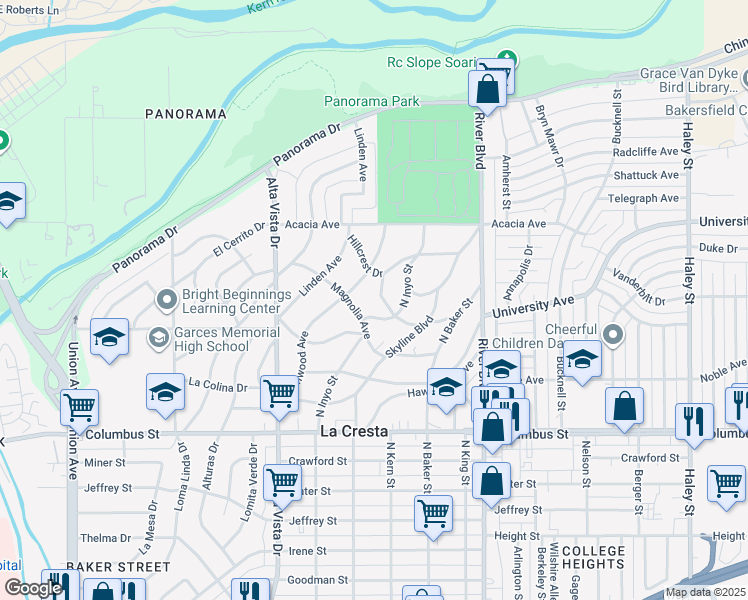 map of restaurants, bars, coffee shops, grocery stores, and more near 521 Walnut Avenue in Bakersfield