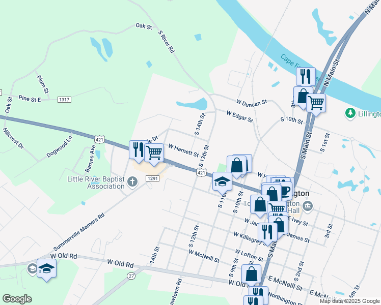 map of restaurants, bars, coffee shops, grocery stores, and more near 700 West Front Street in Lillington