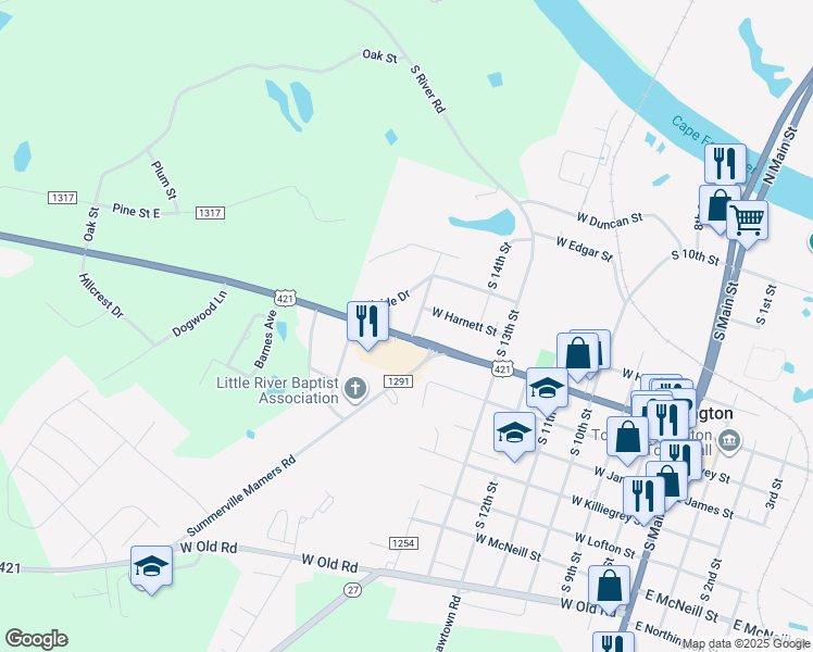 map of restaurants, bars, coffee shops, grocery stores, and more near 800 West Front Street in Lillington