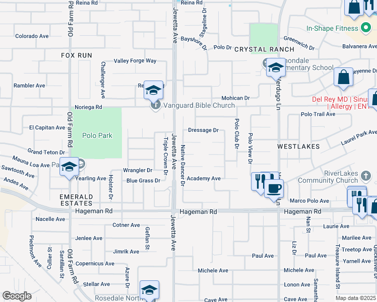map of restaurants, bars, coffee shops, grocery stores, and more near 11119 Oaktrail Court in Bakersfield