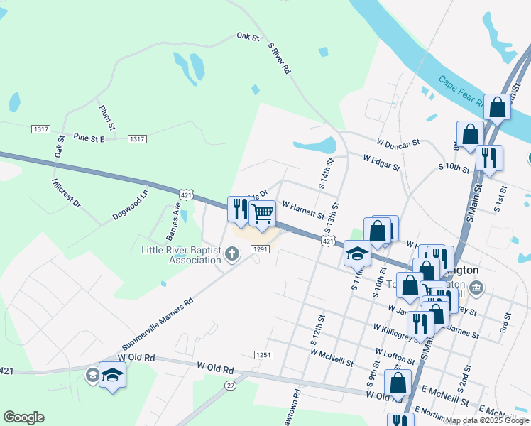 map of restaurants, bars, coffee shops, grocery stores, and more near 800 West Front Street in Lillington