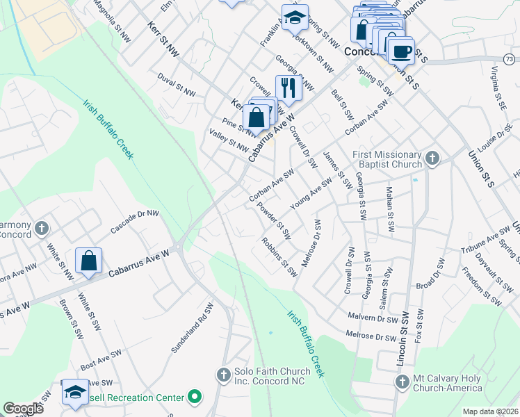 map of restaurants, bars, coffee shops, grocery stores, and more near 48 Powder Street Southwest in Concord