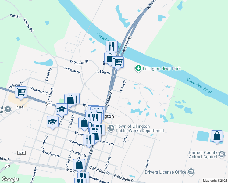 map of restaurants, bars, coffee shops, grocery stores, and more near 381 South Main Street in Lillington