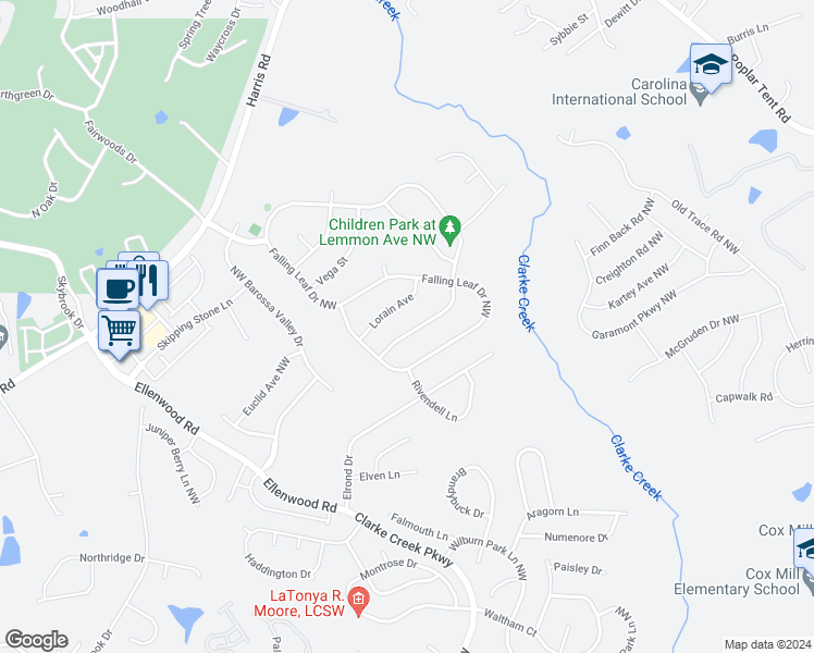 map of restaurants, bars, coffee shops, grocery stores, and more near 285 Sutro Forest Drive Northwest in Concord