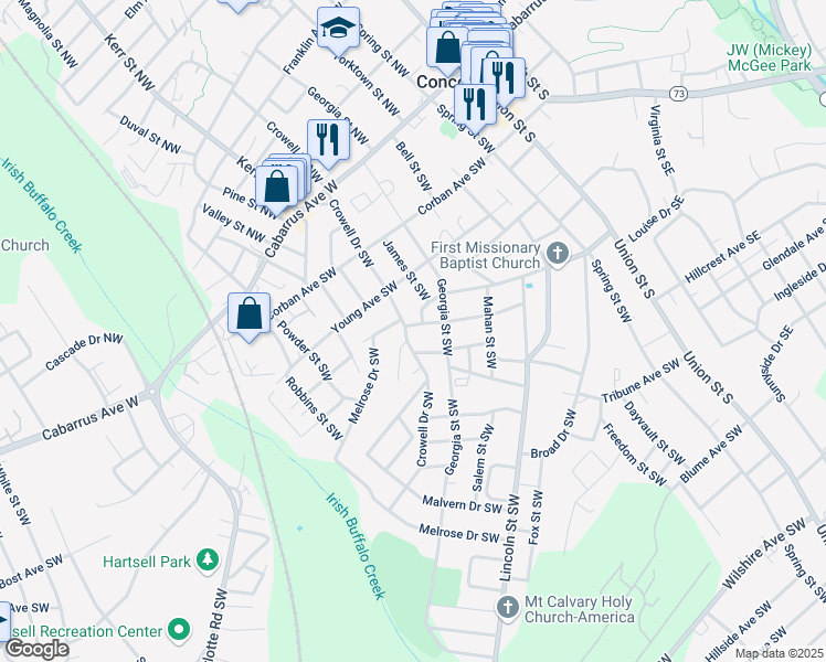 map of restaurants, bars, coffee shops, grocery stores, and more near Crowell Drive Southwest in Concord