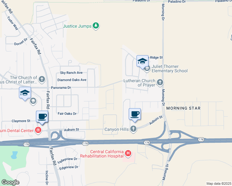 map of restaurants, bars, coffee shops, grocery stores, and more near 7000 Auburn Street in Bakersfield