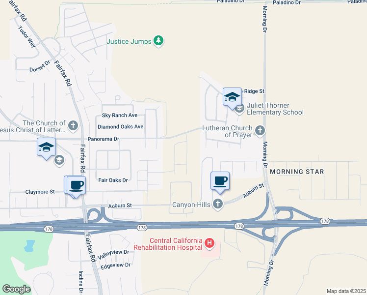 map of restaurants, bars, coffee shops, grocery stores, and more near 6222 Mithalia Way in Bakersfield