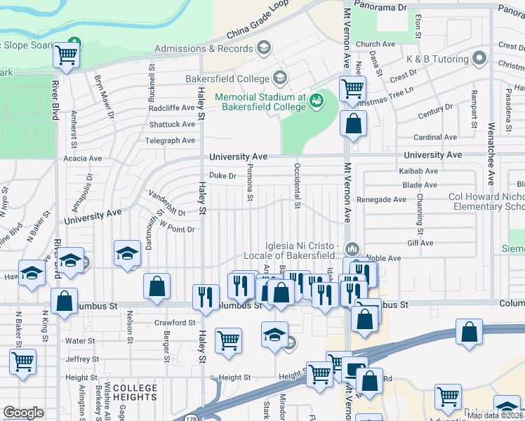map of restaurants, bars, coffee shops, grocery stores, and more near 3100 Arnold Street in Bakersfield