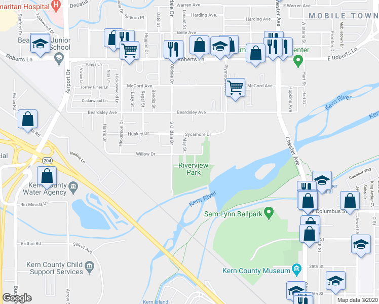 map of restaurants, bars, coffee shops, grocery stores, and more near 413 Willow Drive in Bakersfield