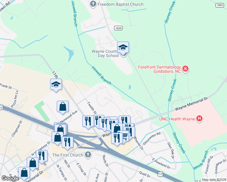 map of restaurants, bars, coffee shops, grocery stores, and more near 603 Lockhaven Court in Goldsboro