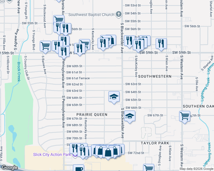 map of restaurants, bars, coffee shops, grocery stores, and more near 1400 Southwest 63rd Street in Oklahoma City