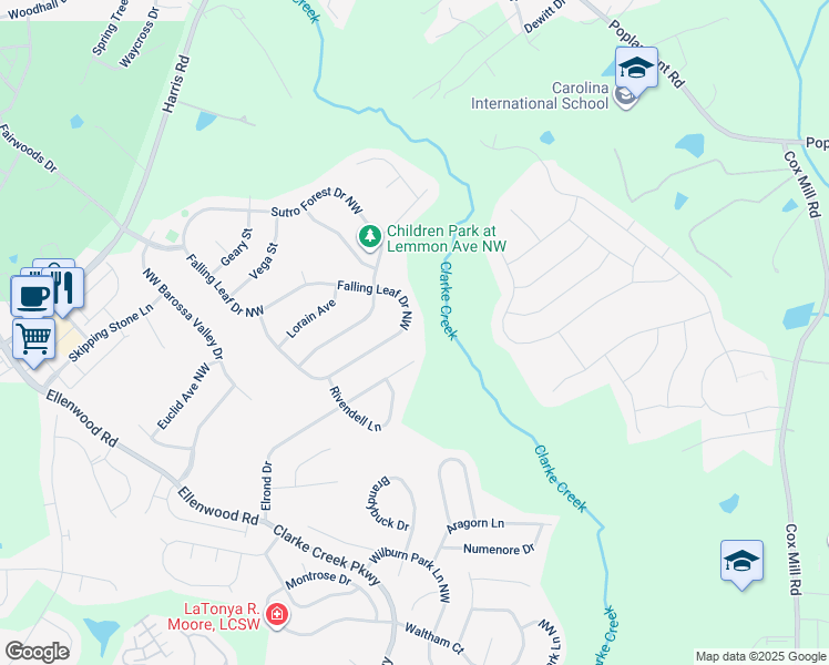 map of restaurants, bars, coffee shops, grocery stores, and more near 10230 Falling Leaf Drive Northwest in Charlotte