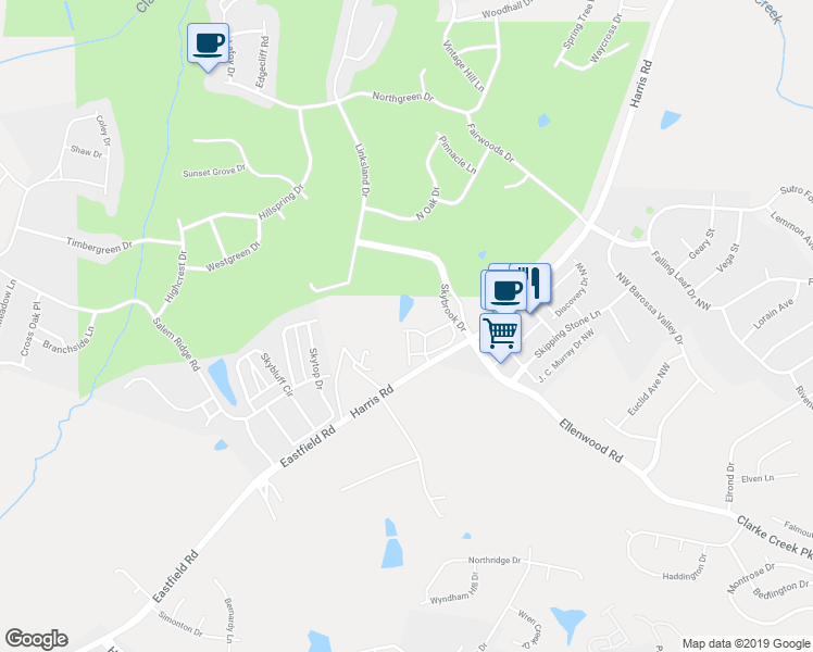 map of restaurants, bars, coffee shops, grocery stores, and more near 11202 Bridgewater Drive in Huntersville