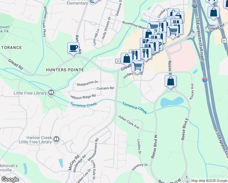 map of restaurants, bars, coffee shops, grocery stores, and more near 13229 McCoy Road in Huntersville