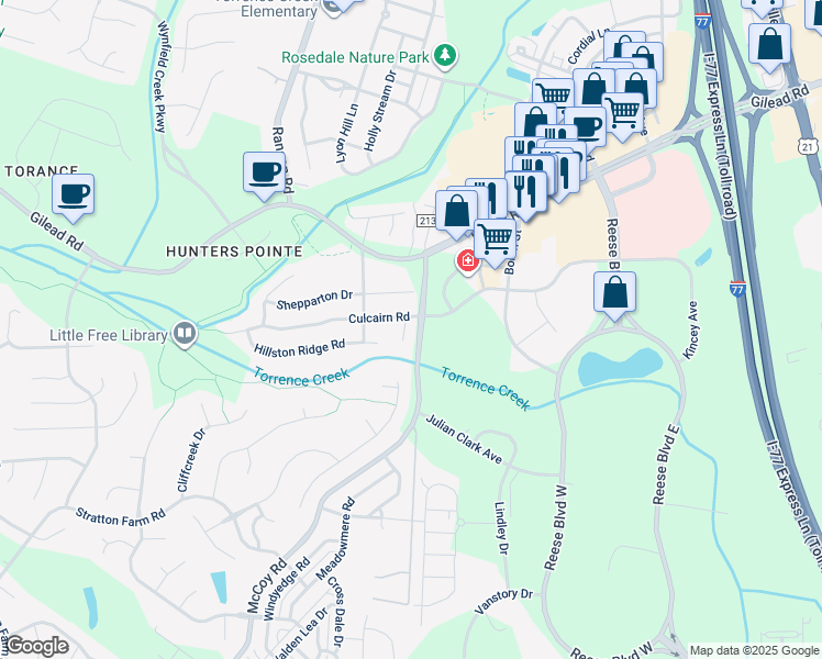 map of restaurants, bars, coffee shops, grocery stores, and more near 13214 Ballara Place in Huntersville
