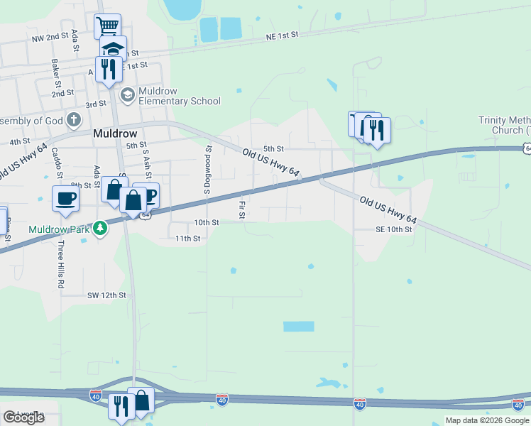 map of restaurants, bars, coffee shops, grocery stores, and more near 701 9th Street in Muldrow