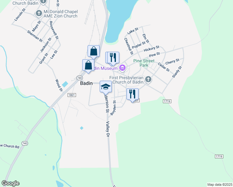 map of restaurants, bars, coffee shops, grocery stores, and more near 31 Boyden Street in Badin