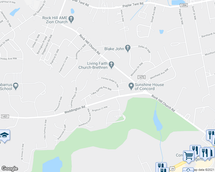 map of restaurants, bars, coffee shops, grocery stores, and more near 1111 Forrest Ridge Drive Northwest in Concord