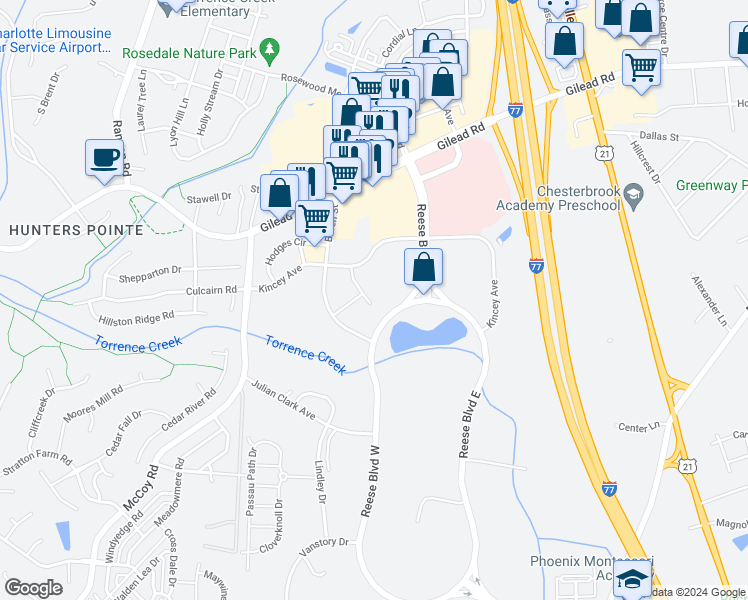 map of restaurants, bars, coffee shops, grocery stores, and more near 9800 Kincey Avenue in Huntersville