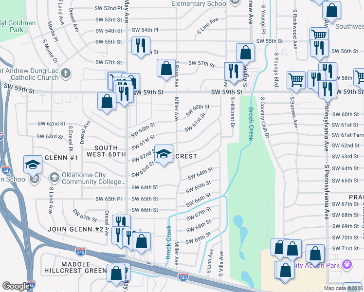 map of restaurants, bars, coffee shops, grocery stores, and more near 2629 Southwest 62nd Street in Oklahoma City