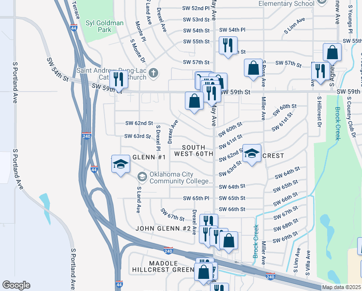 map of restaurants, bars, coffee shops, grocery stores, and more near 3041 Southwest 61st Street in Oklahoma City
