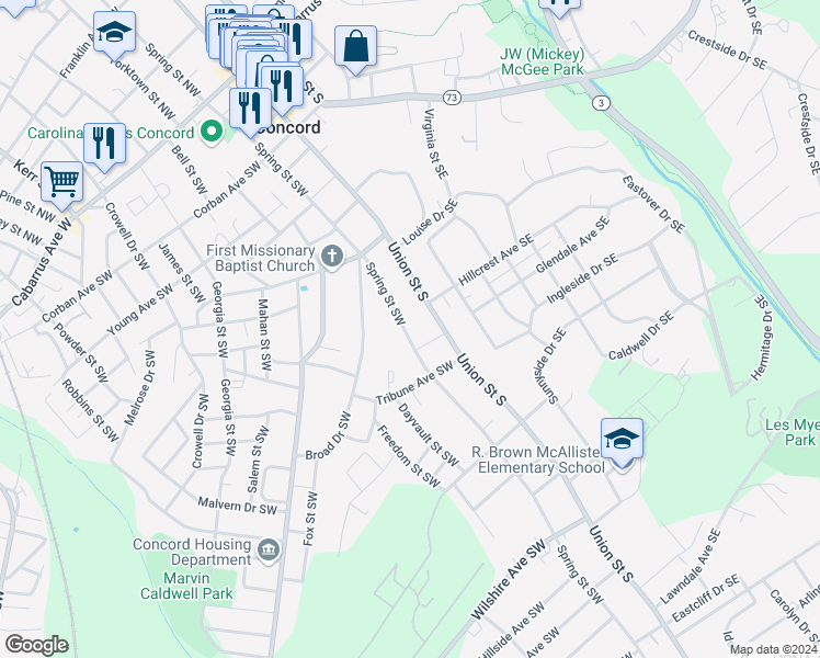 map of restaurants, bars, coffee shops, grocery stores, and more near 305 Spring Street Southwest in Concord