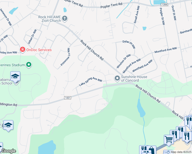 map of restaurants, bars, coffee shops, grocery stores, and more near 3698 Lake Spring Avenue Northwest in Concord