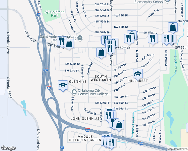 map of restaurants, bars, coffee shops, grocery stores, and more near 3041 Southwest 61st Street in Oklahoma City