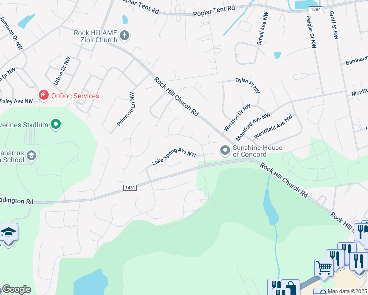 map of restaurants, bars, coffee shops, grocery stores, and more near 3698 Lake Spring Avenue Northwest in Concord