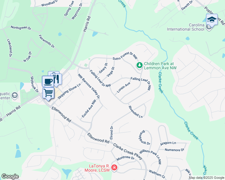 map of restaurants, bars, coffee shops, grocery stores, and more near 10111 Falling Leaf Drive Northwest in Concord