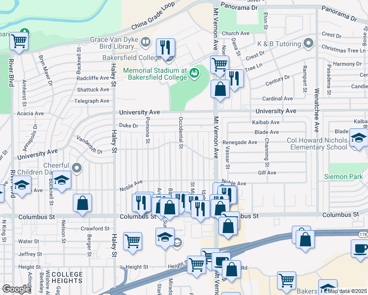 map of restaurants, bars, coffee shops, grocery stores, and more near 3209 Occidental Street in Bakersfield