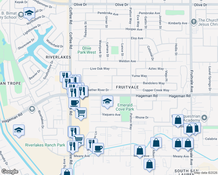 map of restaurants, bars, coffee shops, grocery stores, and more near 7505 Huntington Court in Bakersfield