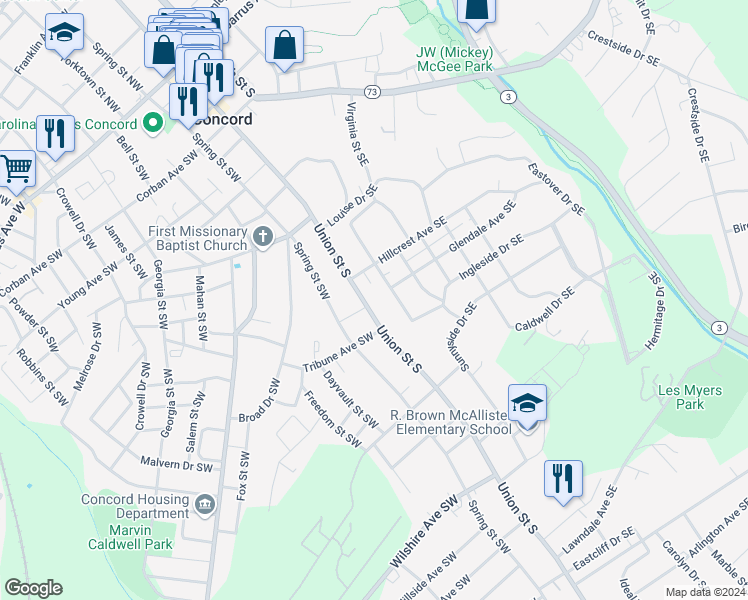 map of restaurants, bars, coffee shops, grocery stores, and more near 322 Sunset Drive Southeast in Concord