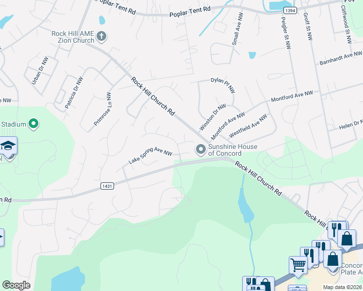 map of restaurants, bars, coffee shops, grocery stores, and more near 1192 Manor Oak Place Northwest in Concord