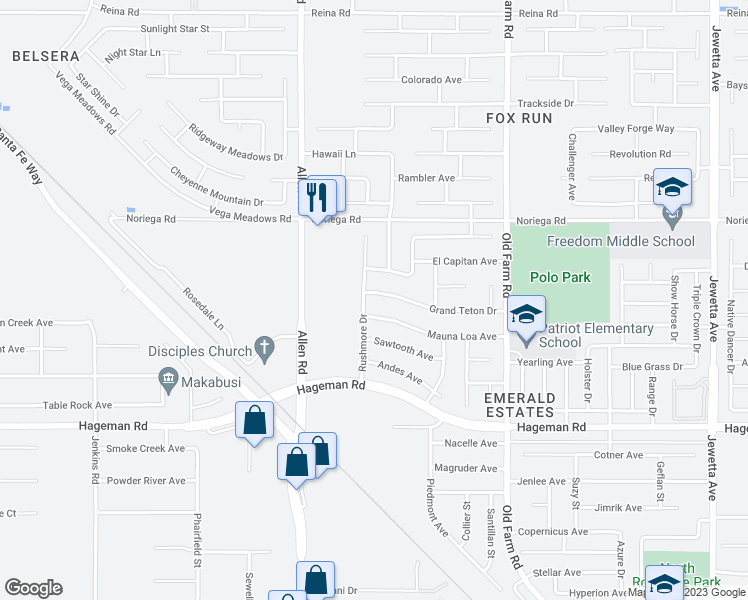 map of restaurants, bars, coffee shops, grocery stores, and more near 12615 Grand Teton Drive in Bakersfield