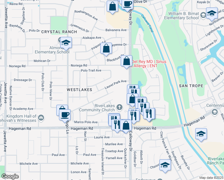 map of restaurants, bars, coffee shops, grocery stores, and more near 9906 Polo Saddle Drive in Bakersfield