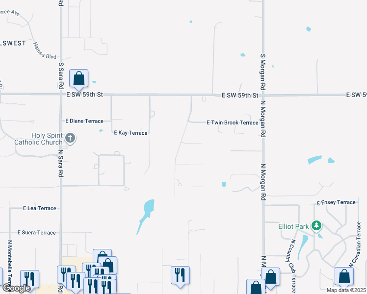 map of restaurants, bars, coffee shops, grocery stores, and more near 1404 East Red River Terrace in Mustang