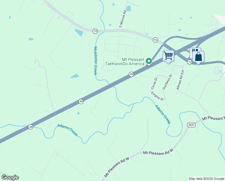 map of restaurants, bars, coffee shops, grocery stores, and more near 6851 North Carolina 49 in Mount Pleasant