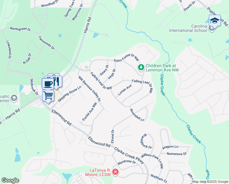 map of restaurants, bars, coffee shops, grocery stores, and more near 10111 Falling Leaf Drive Northwest in Concord